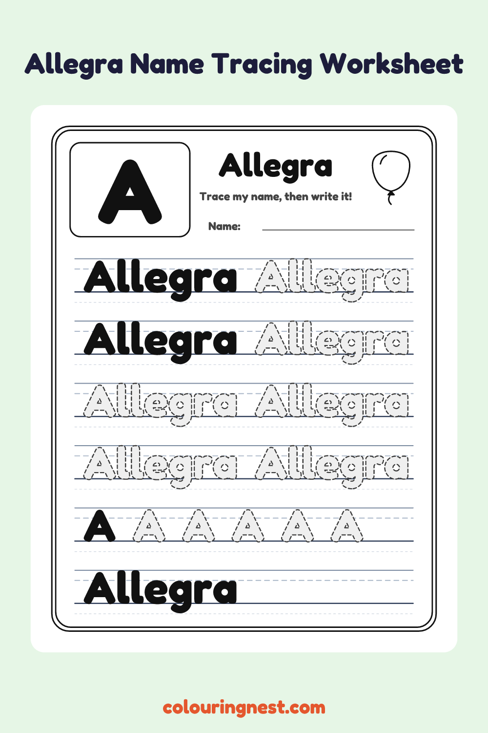 Allegra Name Tracing Worksheet: free printable black-and-white line art