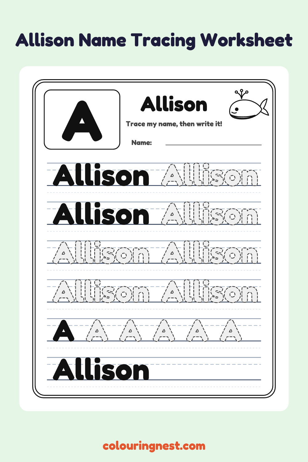 Allison Name Tracing Worksheet: free printable black-and-white line art