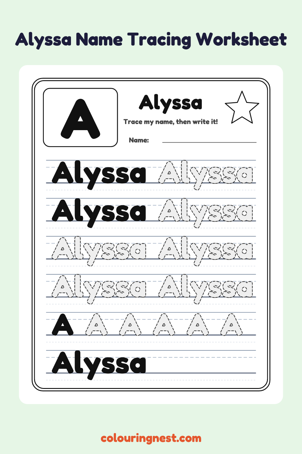 Alyssa Name Tracing Worksheet: free printable black-and-white line art