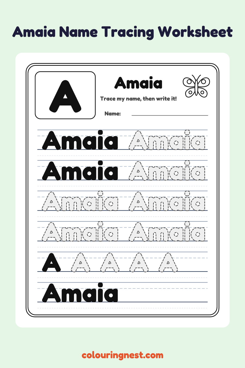 Amaia Name Tracing Worksheet: free printable black-and-white line art