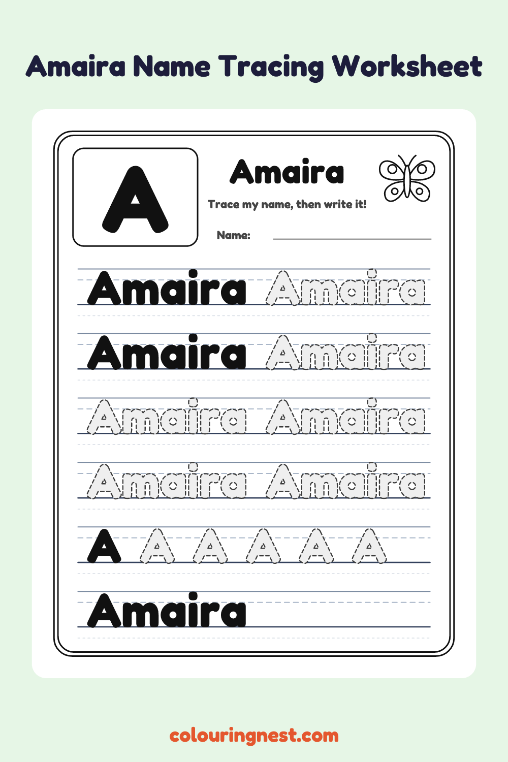 Amaira Name Tracing Worksheet: free printable black-and-white line art
