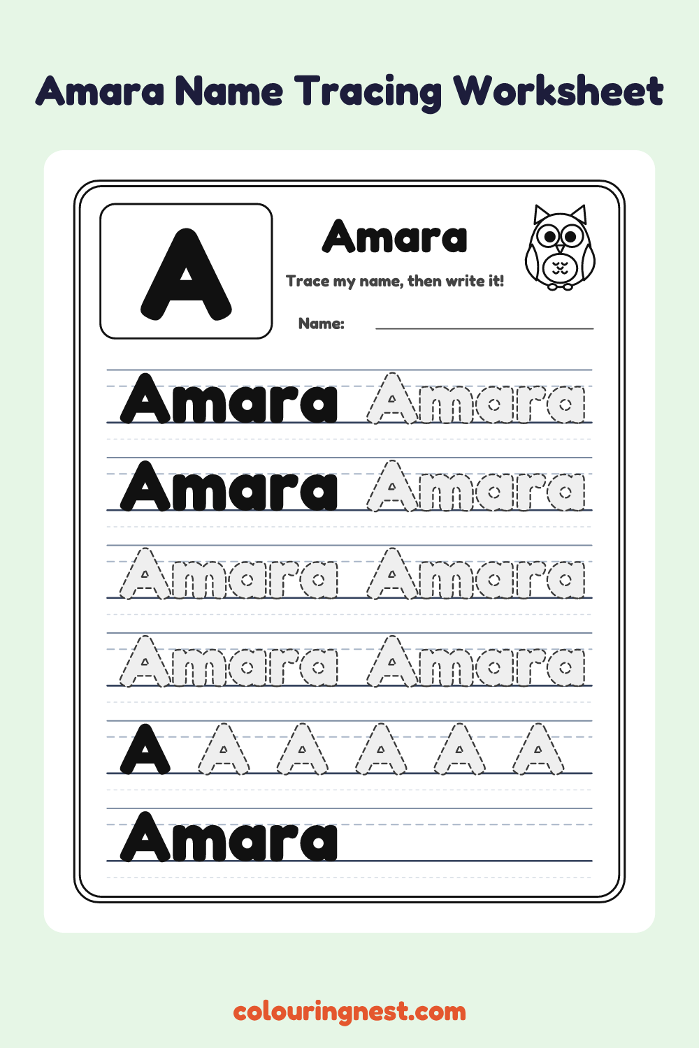 Amara Name Tracing Worksheet: free printable black-and-white line art