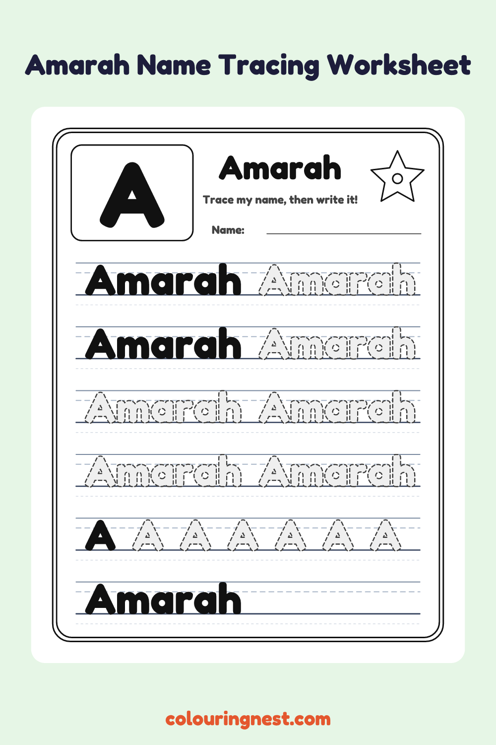 Amarah Name Tracing Worksheet: free printable black-and-white line art