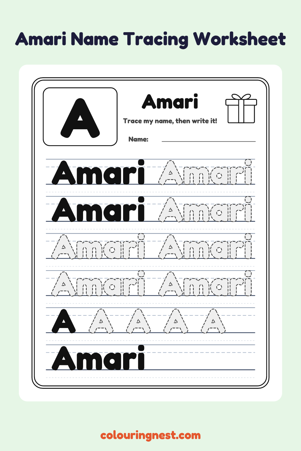 Amari Name Tracing Worksheet: free printable black-and-white line art