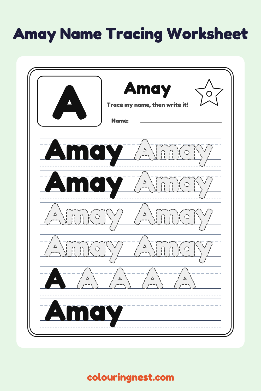 Amay Name Tracing Worksheet: free printable black-and-white line art