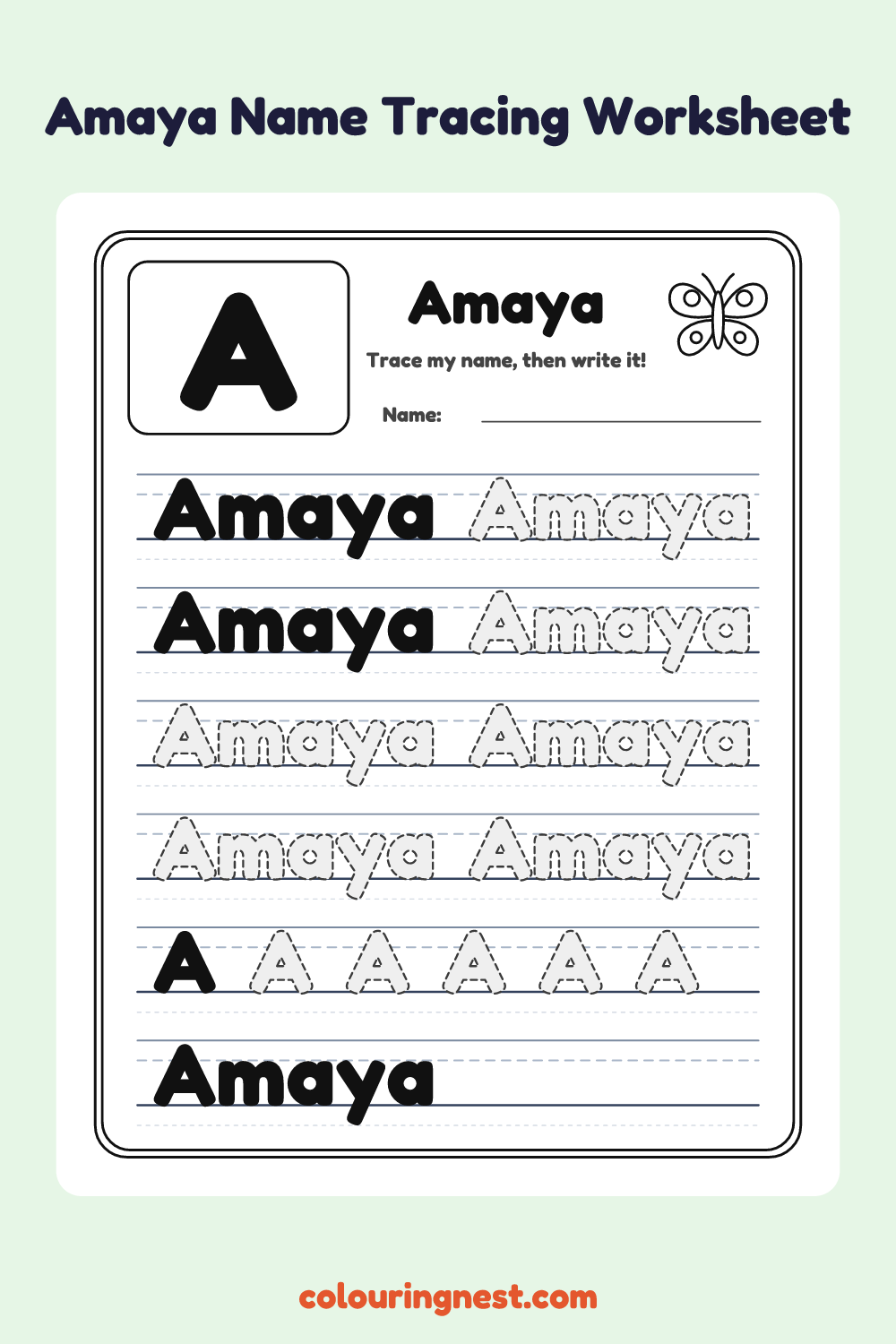 Amaya Name Tracing Worksheet: free printable black-and-white line art