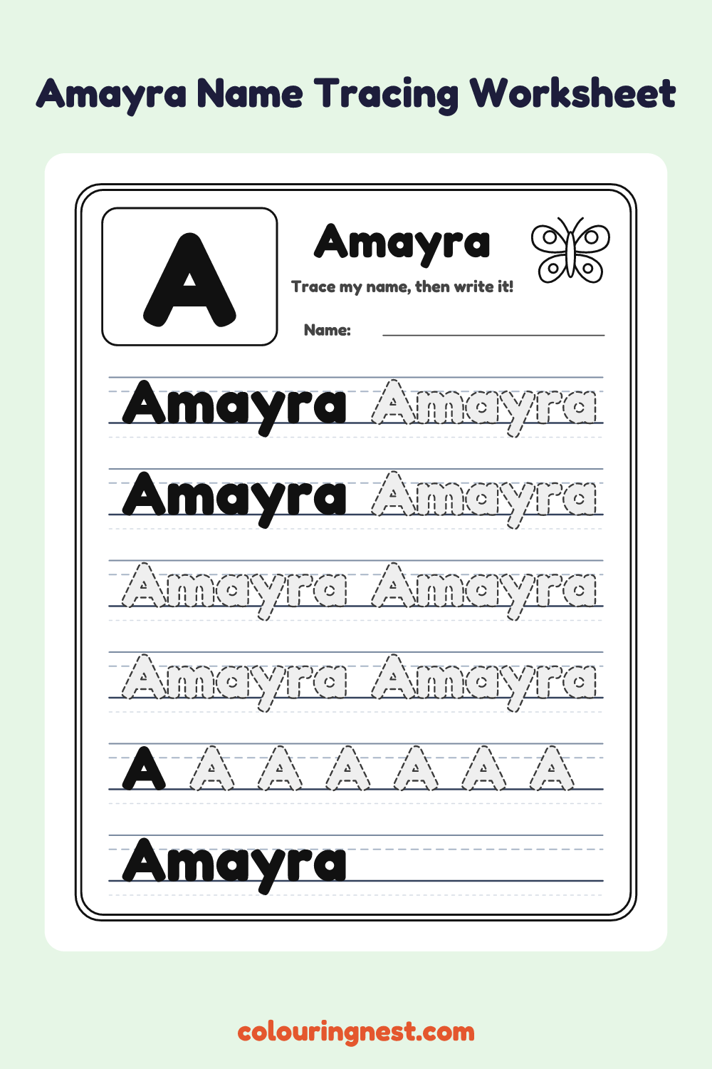 Amayra Name Tracing Worksheet: free printable black-and-white line art