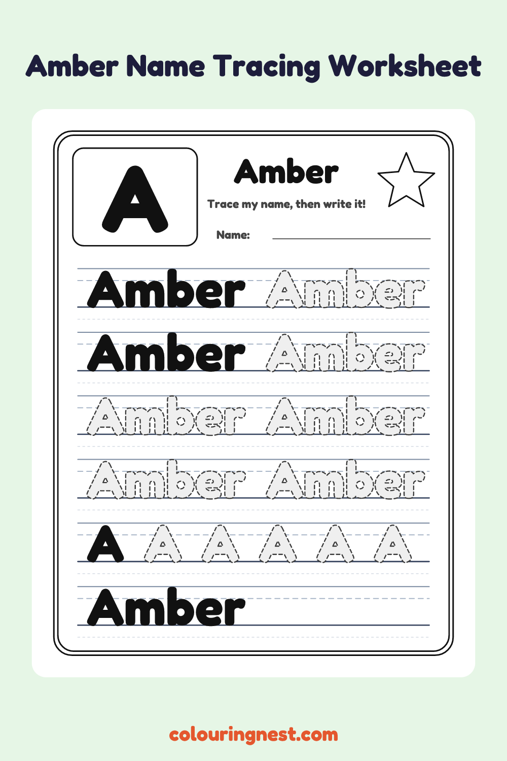 Amber Name Tracing Worksheet: free printable black-and-white line art