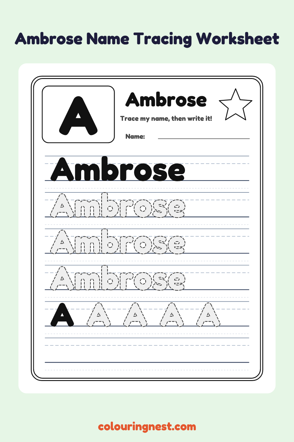 Ambrose Name Tracing Worksheet: free printable black-and-white line art