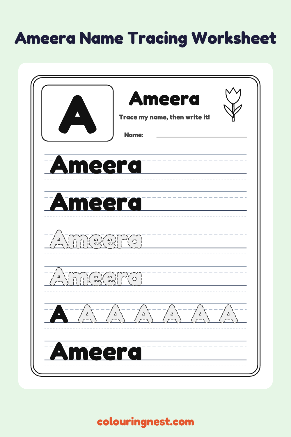Ameera Name Tracing Worksheet: free printable black-and-white line art