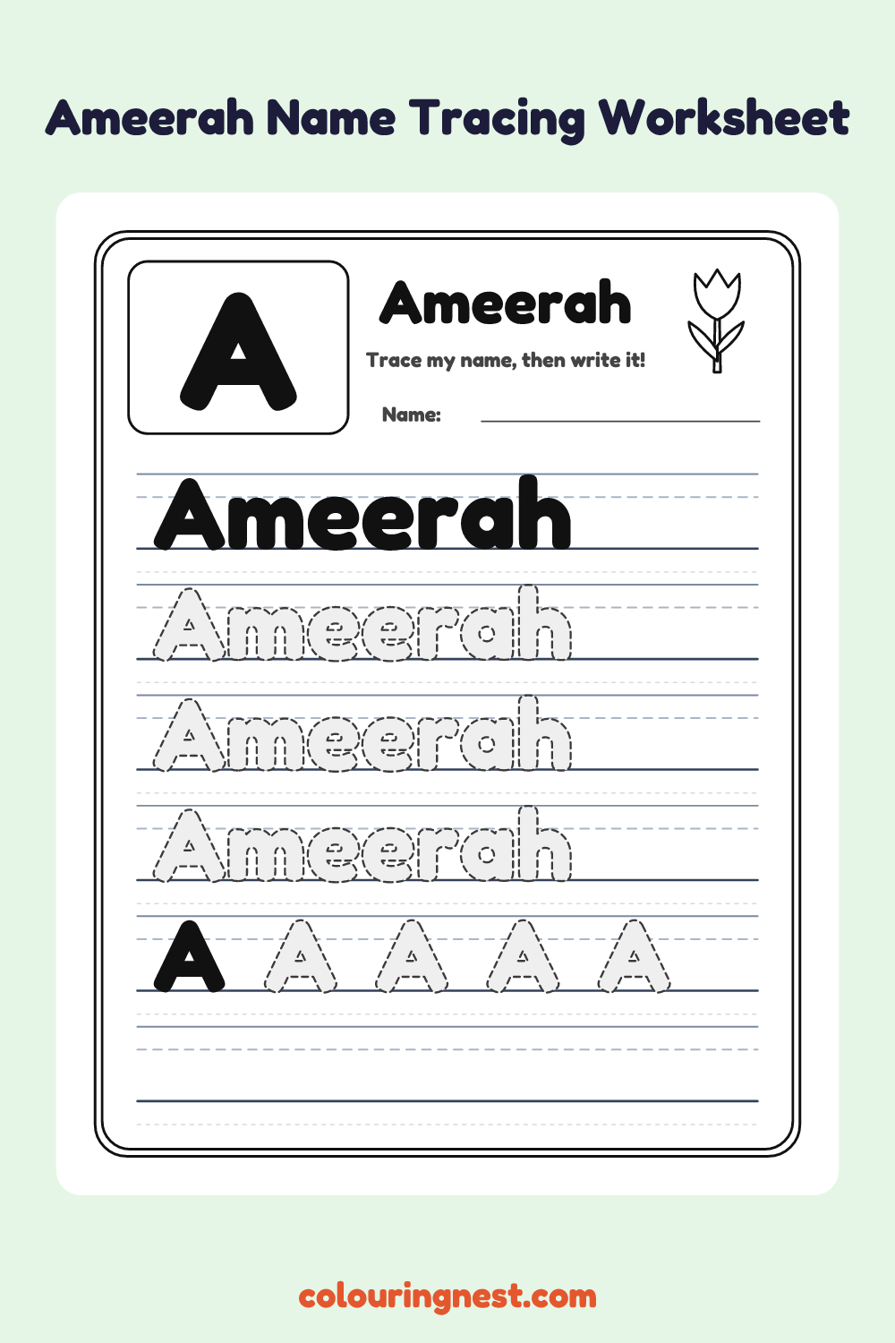 Ameerah Name Tracing Worksheet: free printable black-and-white line art