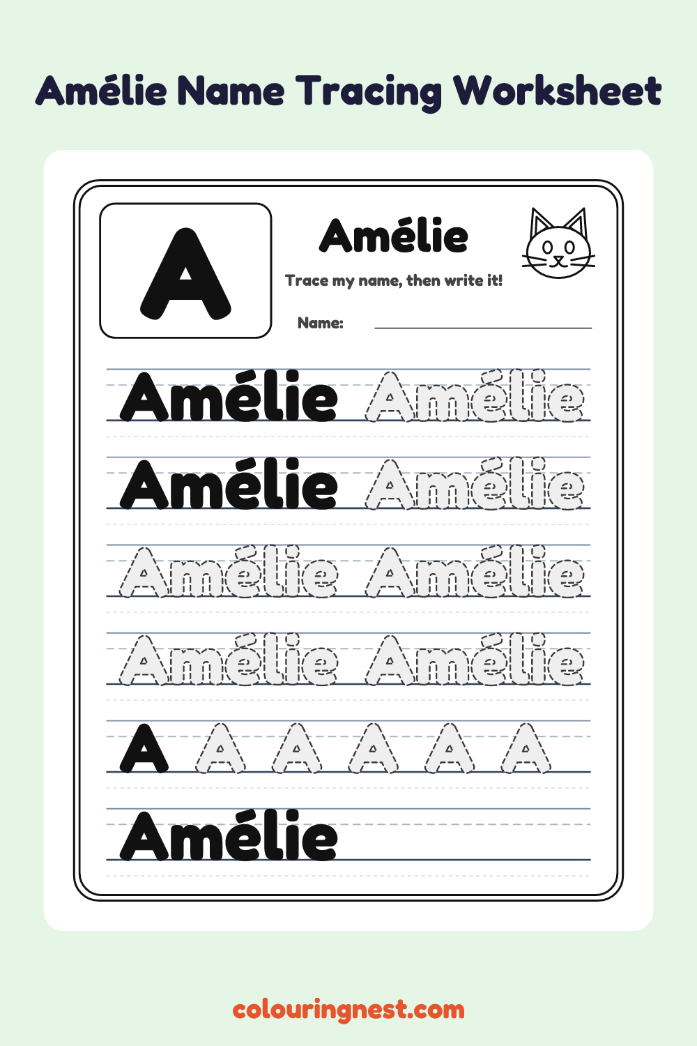 Amélie Name Tracing Worksheet: free printable black-and-white line art