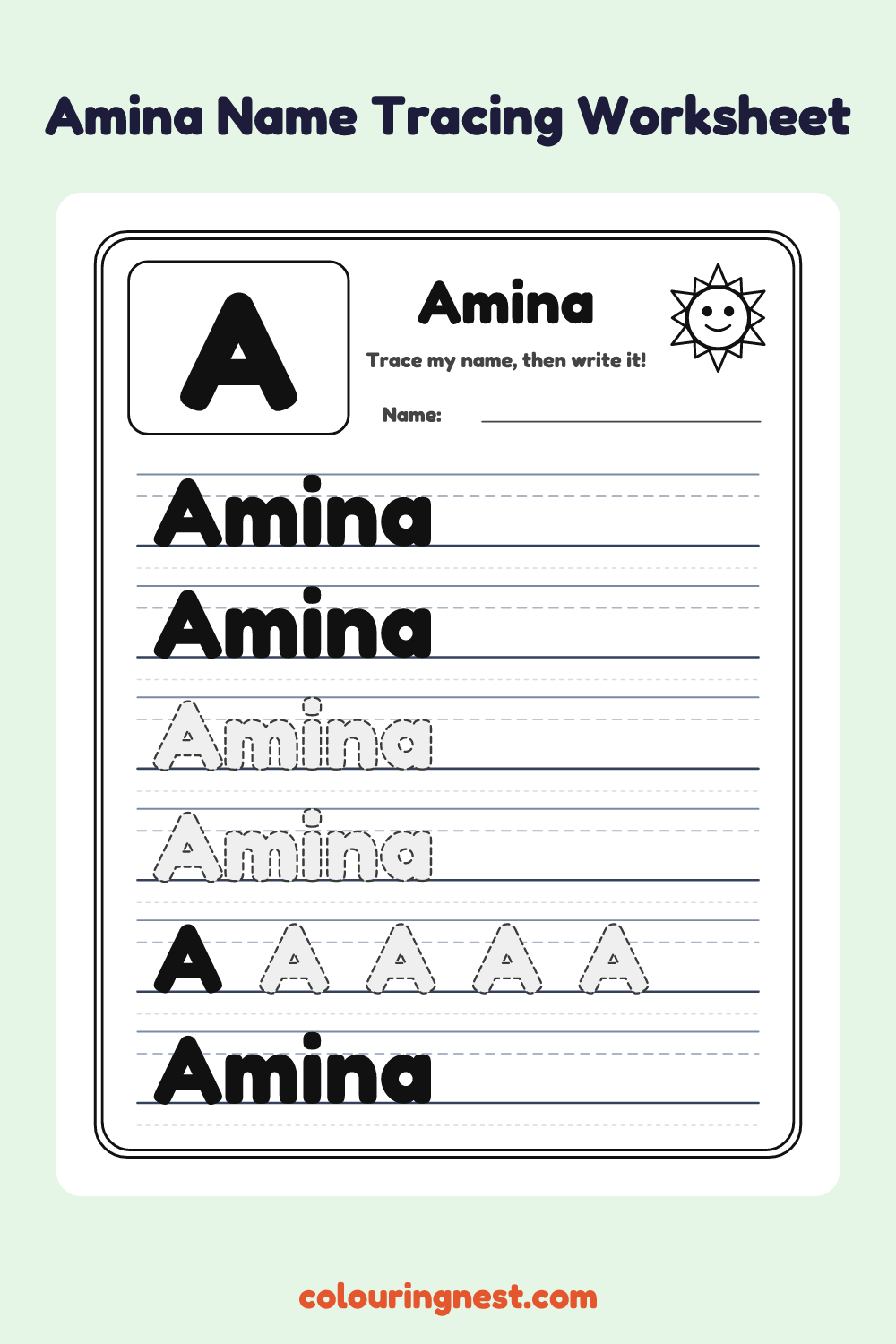 Amina Name Tracing Worksheet: free printable black-and-white line art