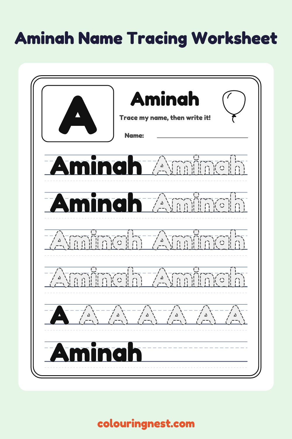 Aminah Name Tracing Worksheet: free printable black-and-white line art