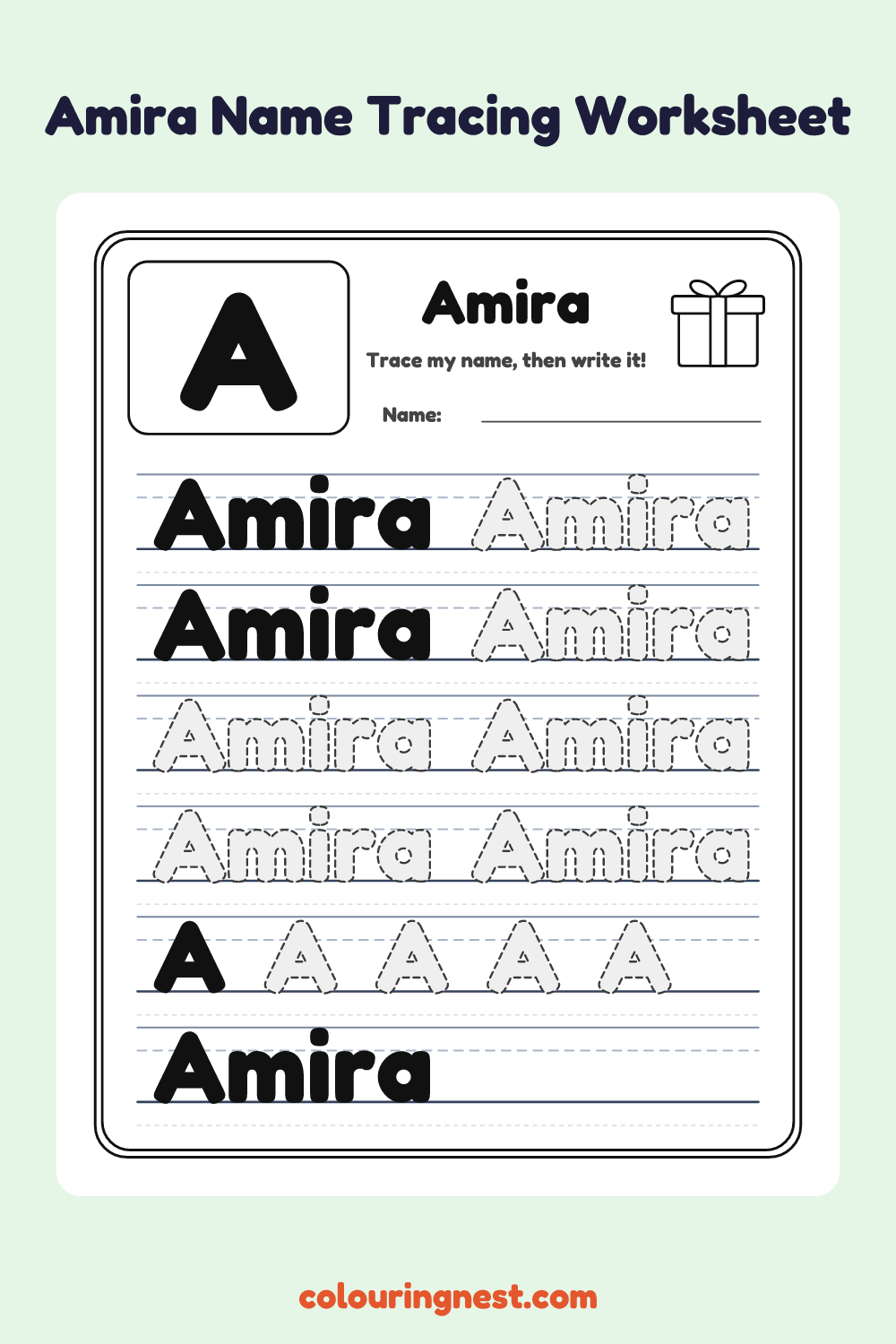 Amira Name Tracing Worksheet: free printable black-and-white line art