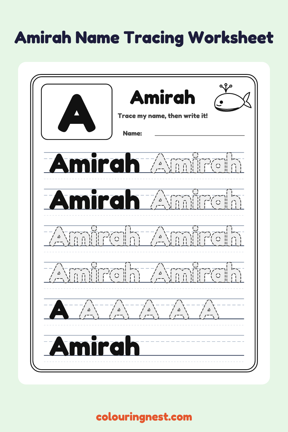 Amirah Name Tracing Worksheet: free printable black-and-white line art