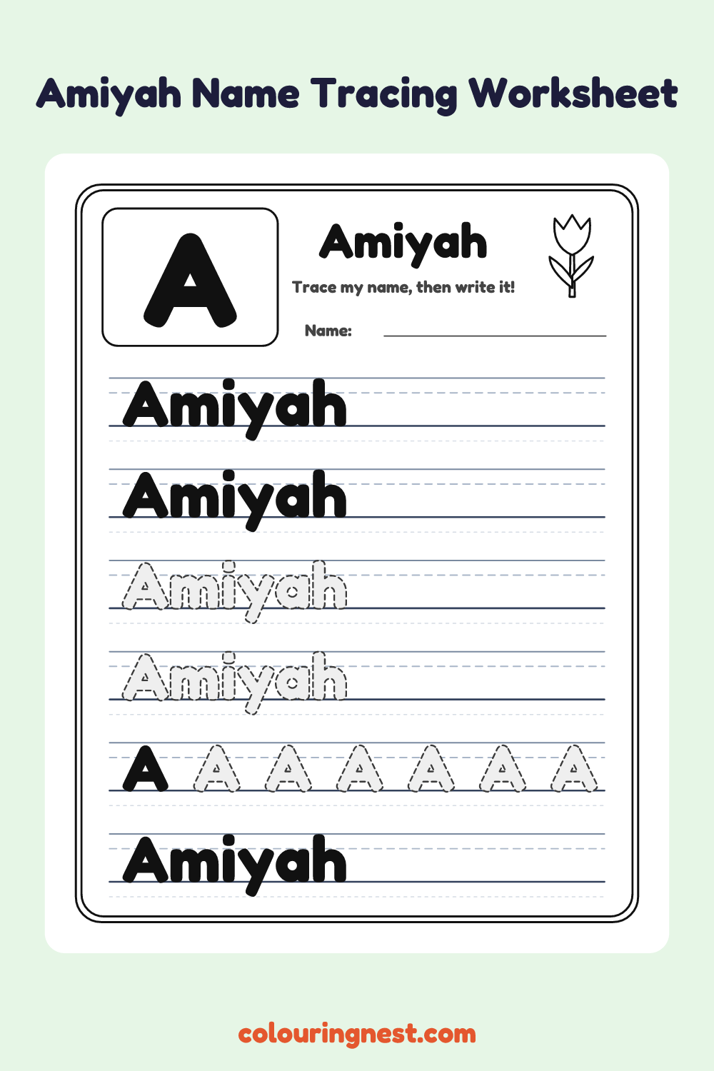 Amiyah Name Tracing Worksheet: free printable black-and-white line art