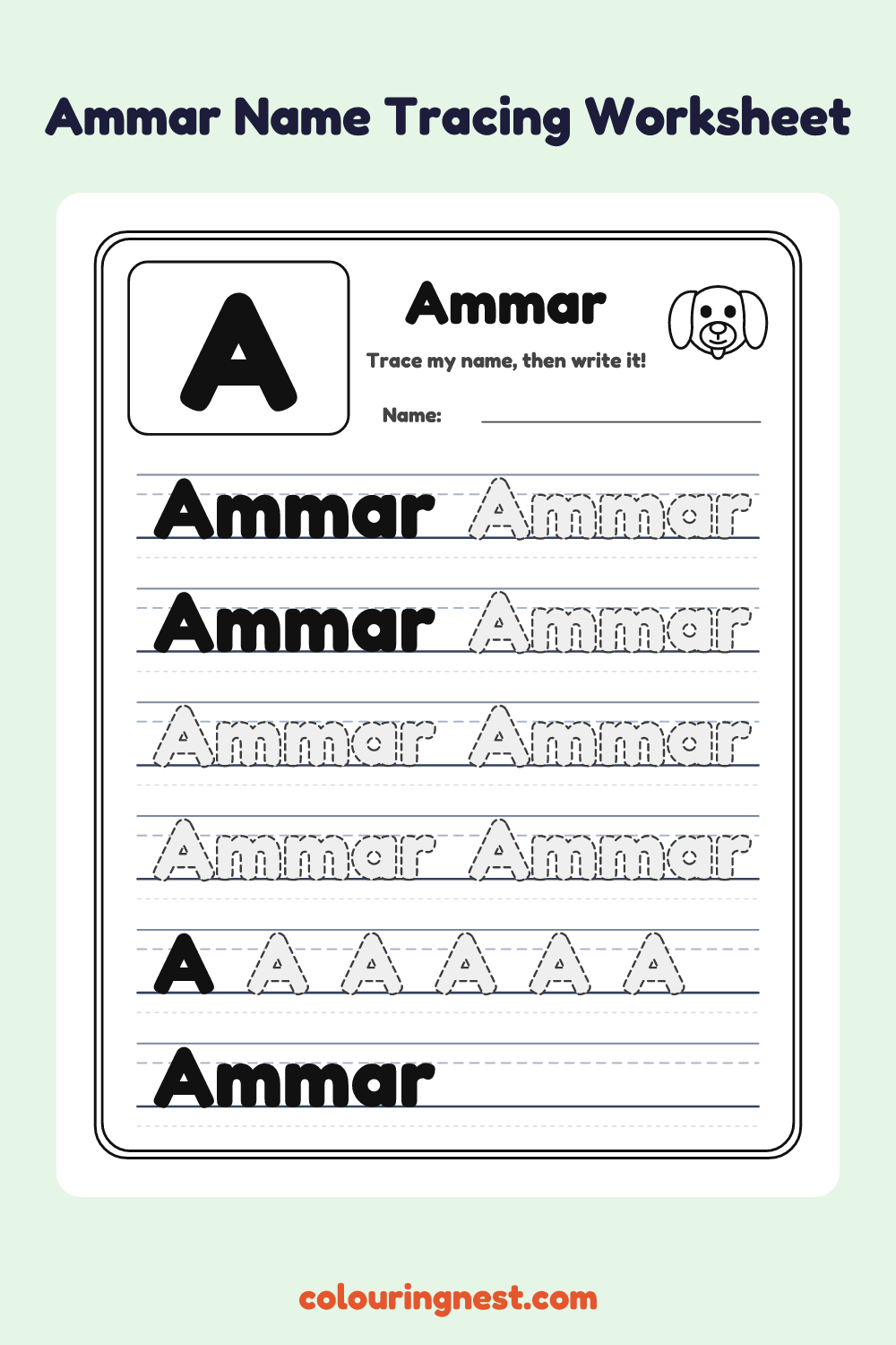 Ammar Name Tracing Worksheet: free printable black-and-white line art