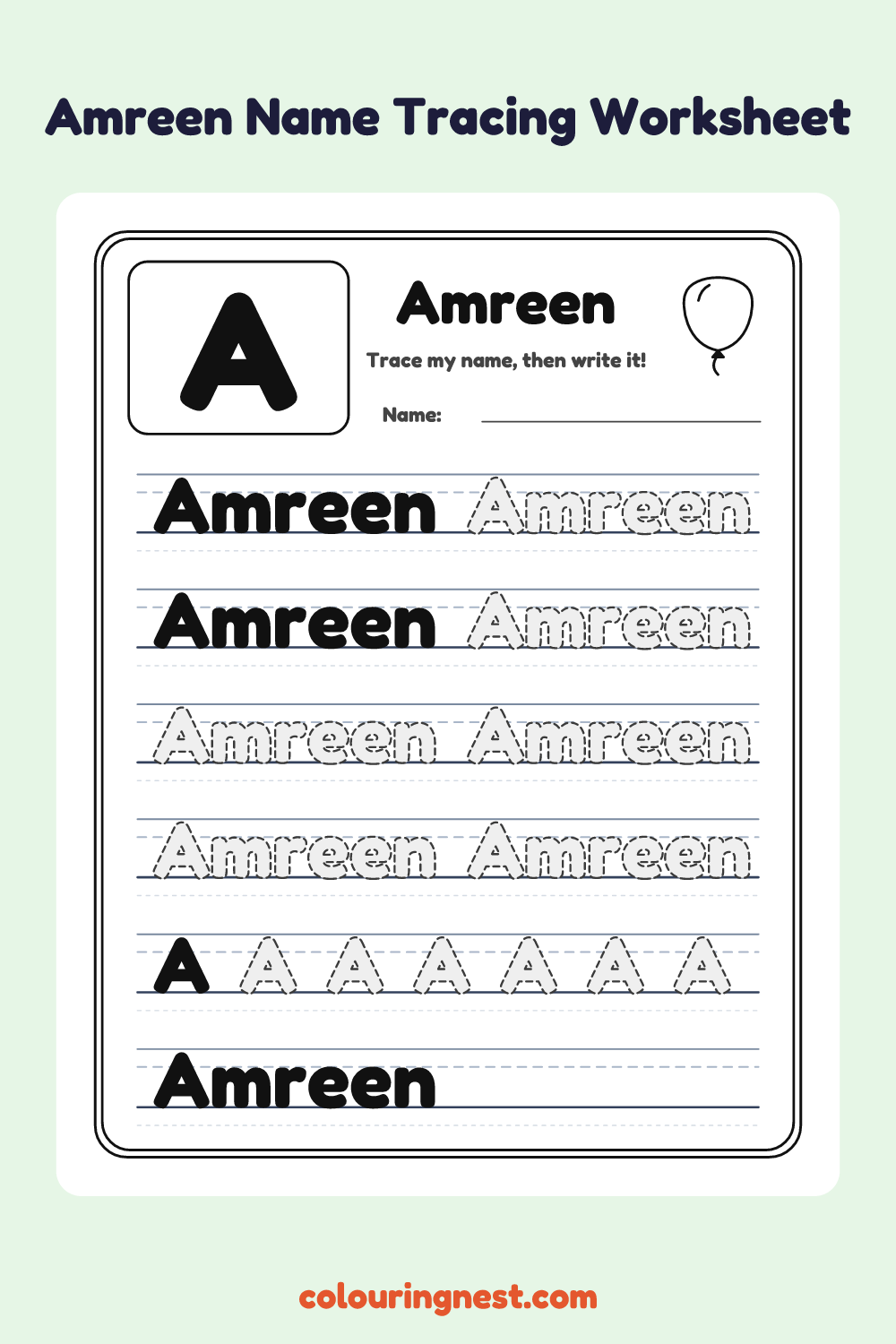 Amreen Name Tracing Worksheet: free printable black-and-white line art