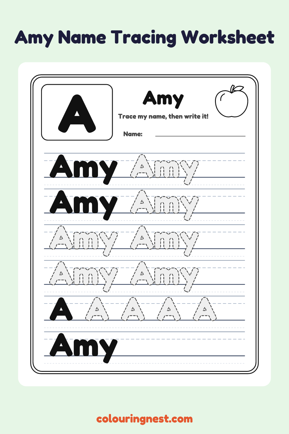 Amy Name Tracing Worksheet: free printable black-and-white line art