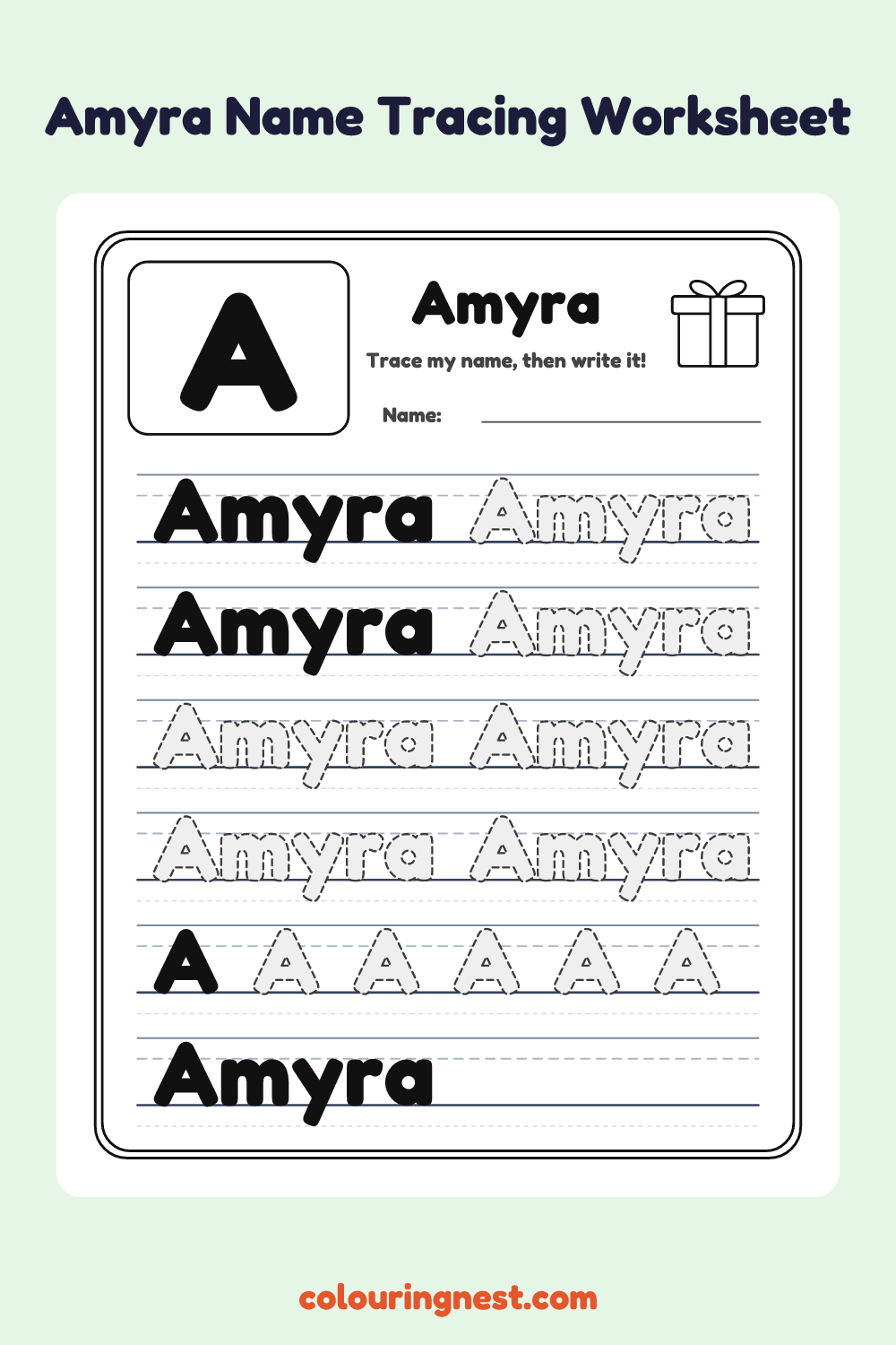 Amyra Name Tracing Worksheet: free printable black-and-white line art