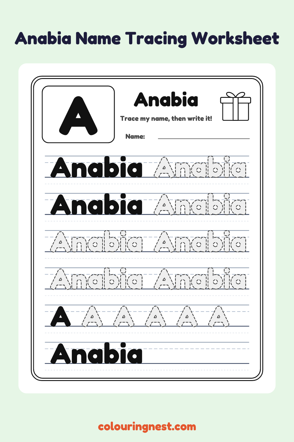 Anabia Name Tracing Worksheet: free printable black-and-white line art