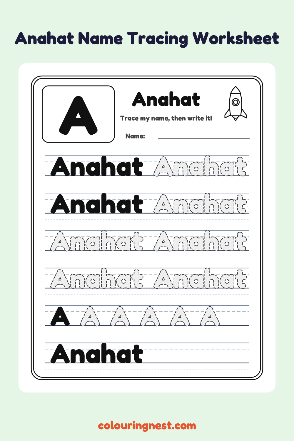 Anahat Name Tracing Worksheet: free printable black-and-white line art