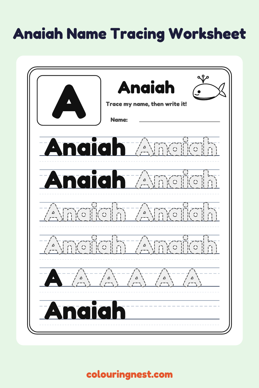 Anaiah Name Tracing Worksheet: free printable black-and-white line art