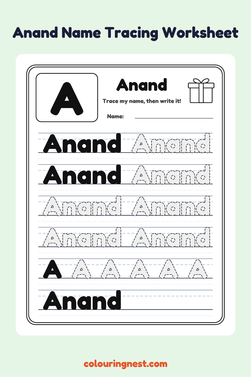 Anand Name Tracing Worksheet: free printable black-and-white line art