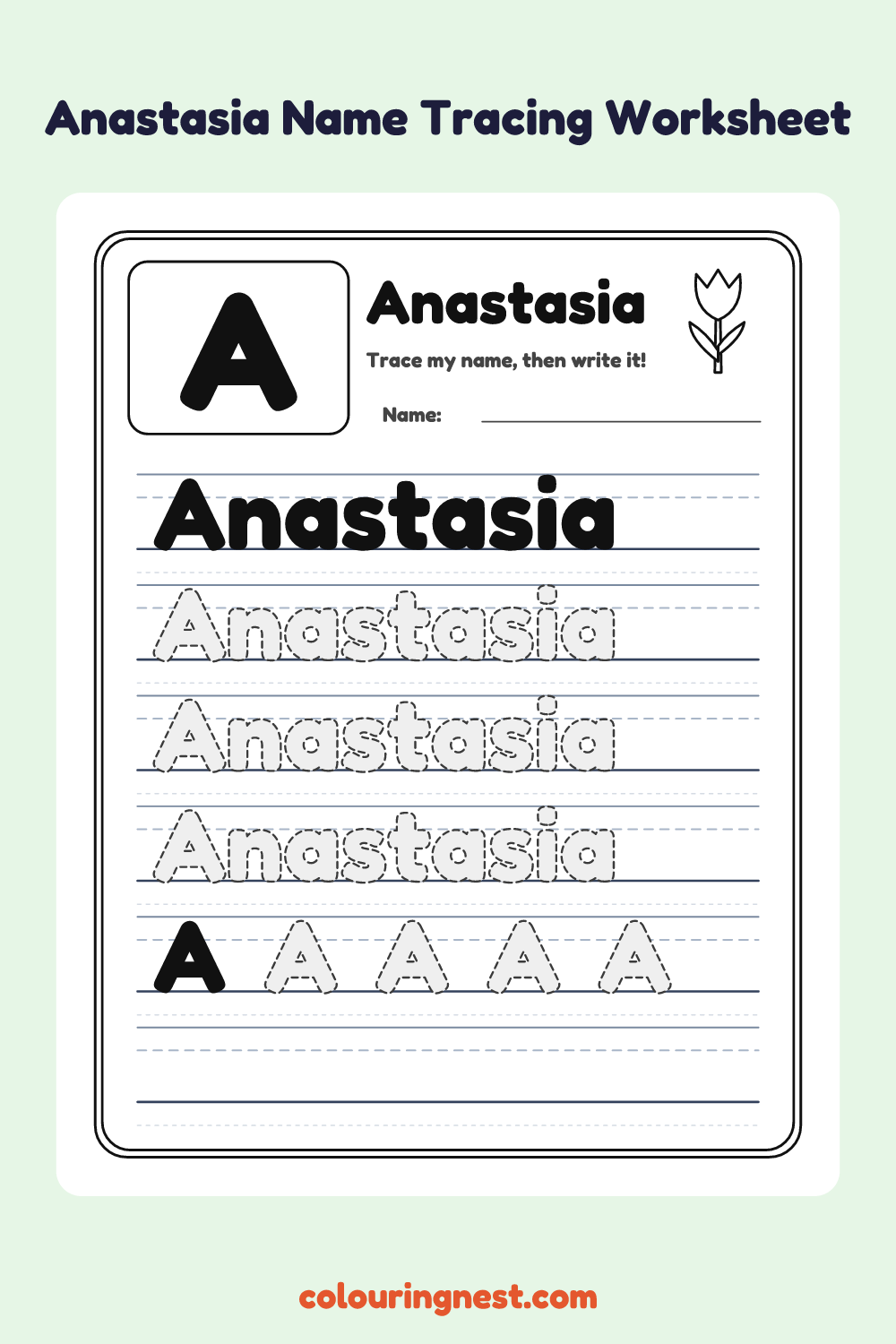 Anastasia Name Tracing Worksheet: free printable black-and-white line art