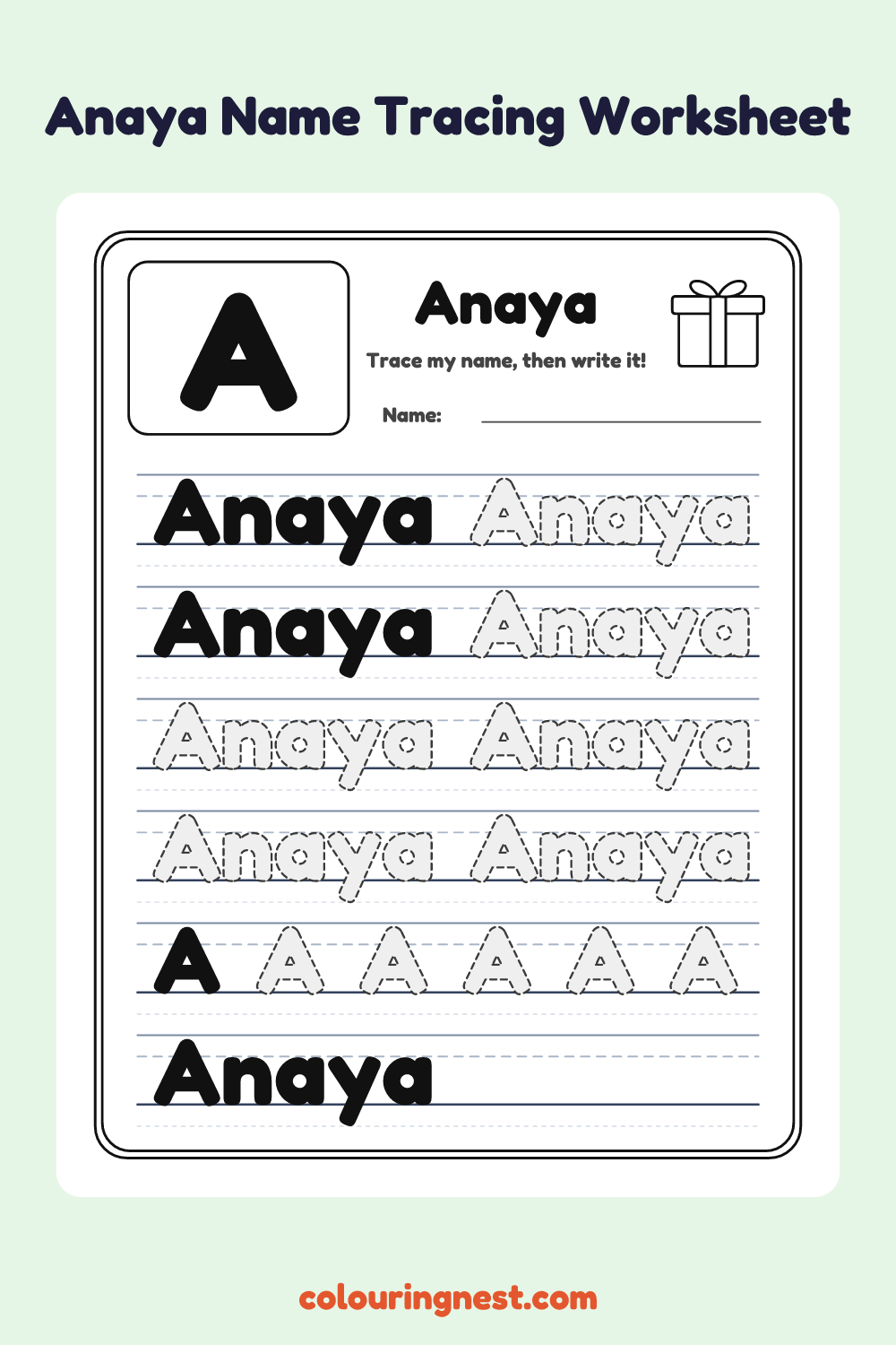 Anaya Name Tracing Worksheet: free printable black-and-white line art