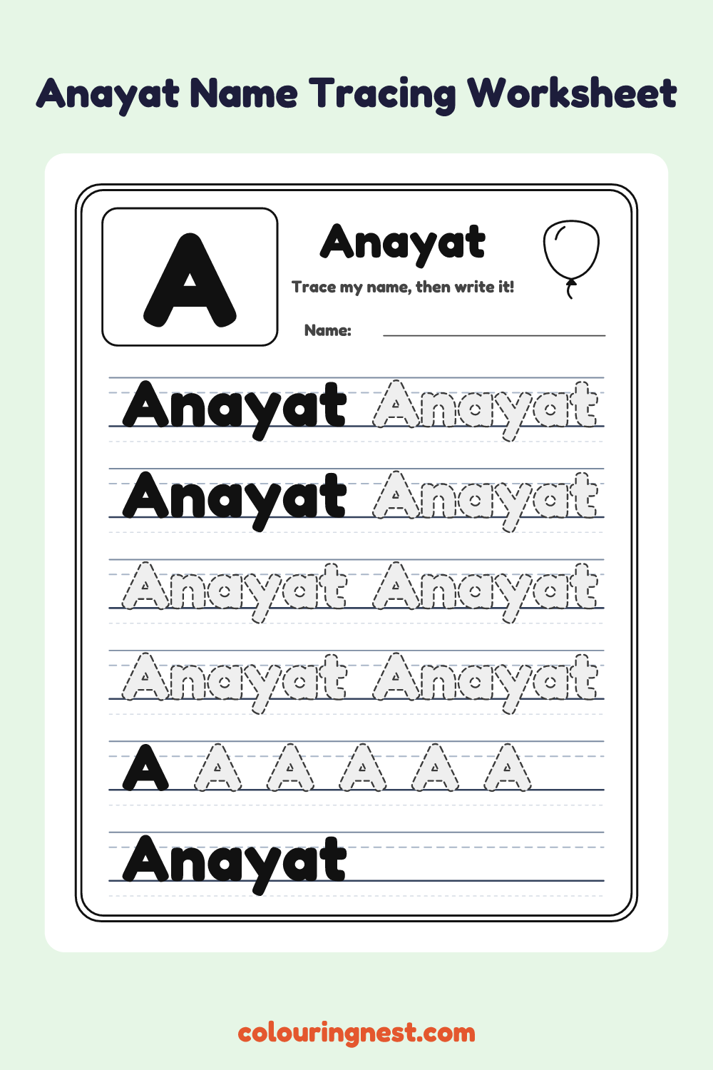 Anayat Name Tracing Worksheet: free printable black-and-white line art
