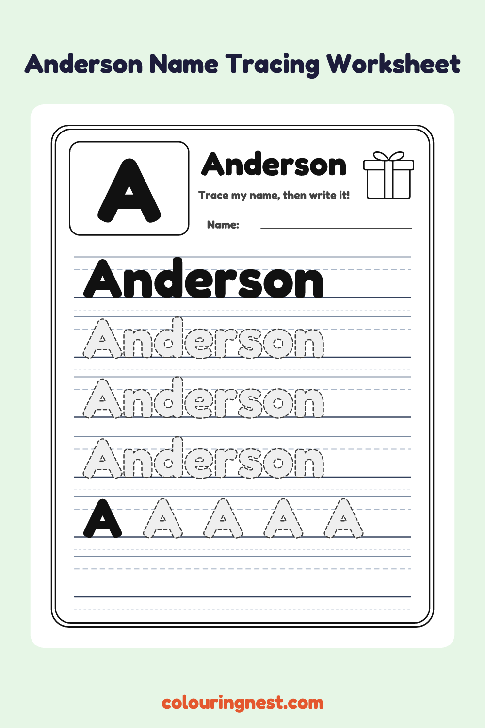 Anderson Name Tracing Worksheet: free printable black-and-white line art