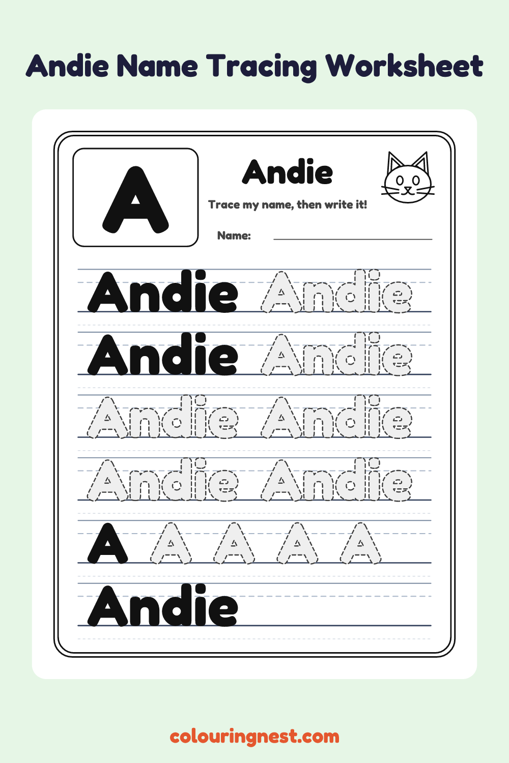 Andie Name Tracing Worksheet: free printable black-and-white line art