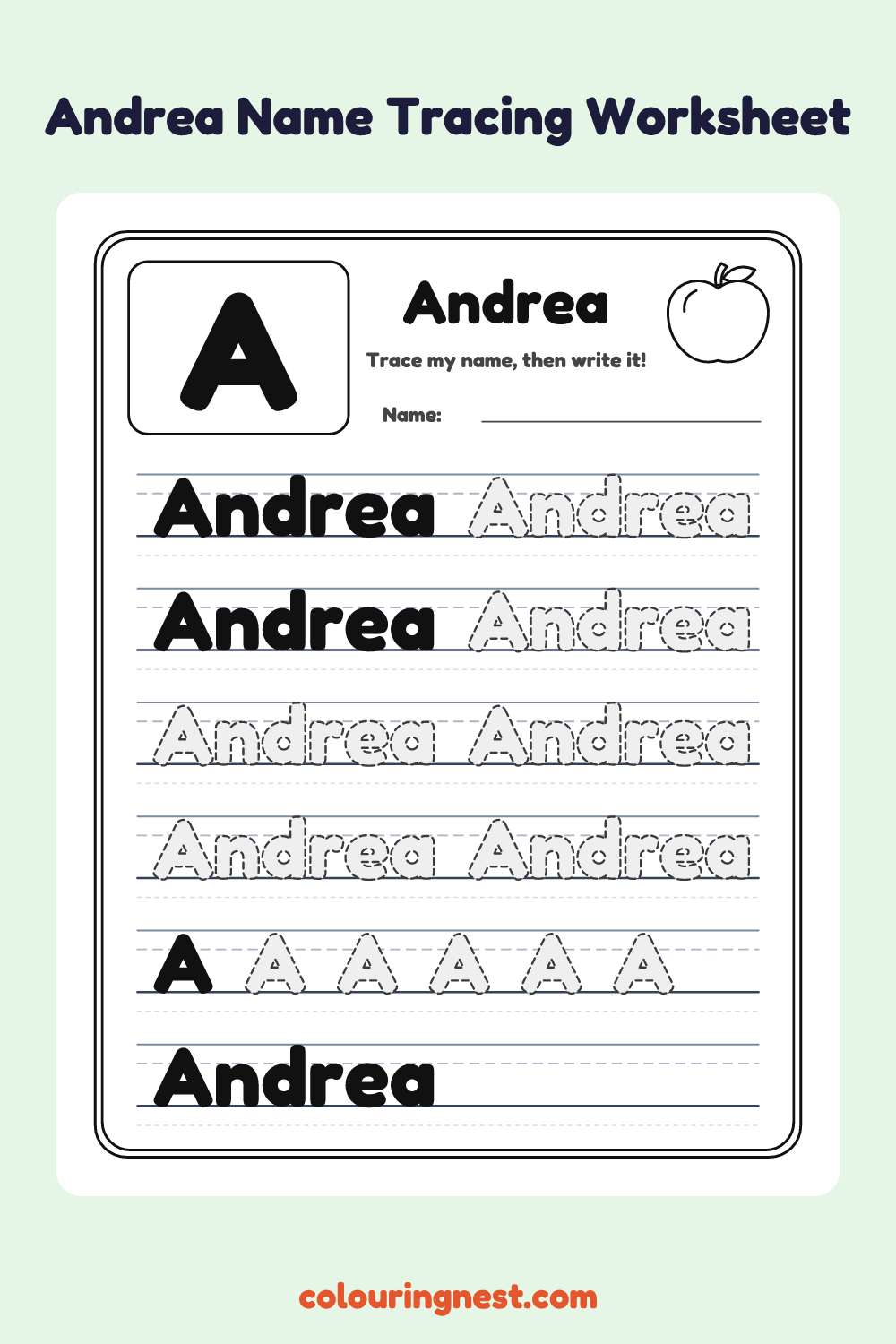 Andrea Name Tracing Worksheet: free printable black-and-white line art
