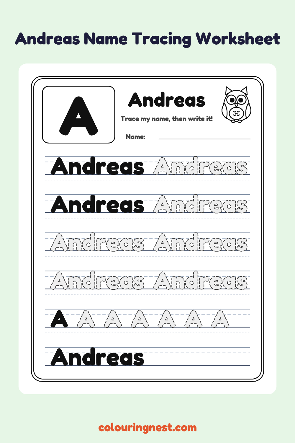 Andreas Name Tracing Worksheet: free printable black-and-white line art