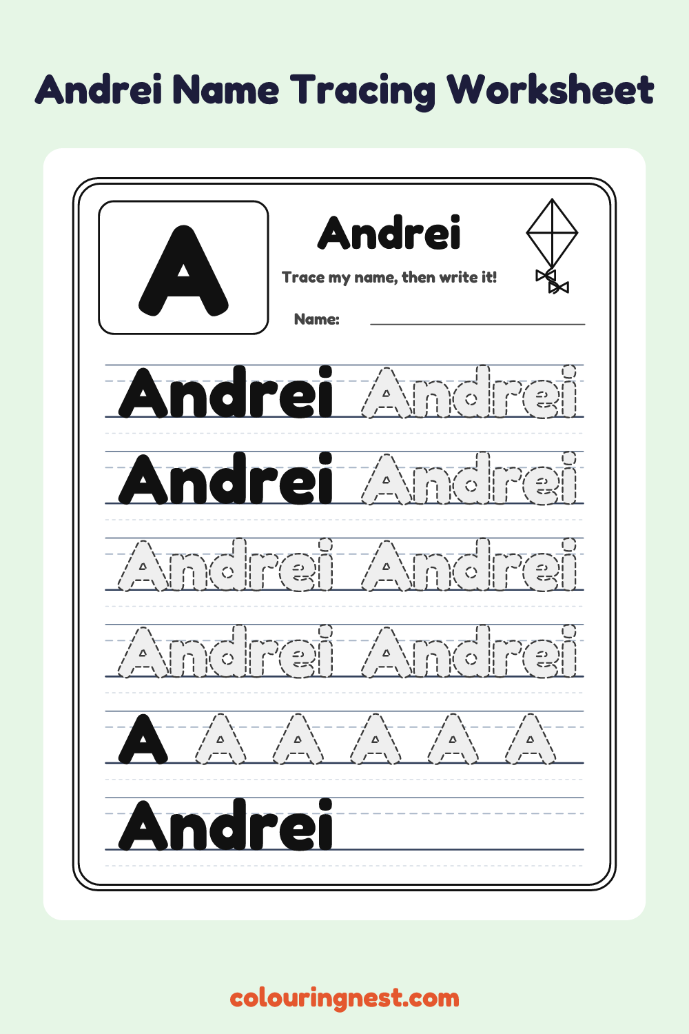 Andrei Name Tracing Worksheet: free printable black-and-white line art