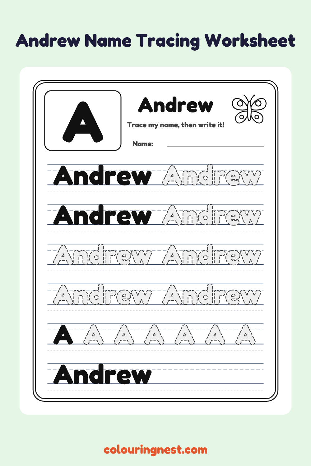 Andrew Name Tracing Worksheet: free printable black-and-white line art