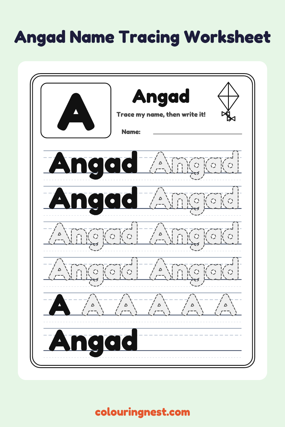 Angad Name Tracing Worksheet: free printable black-and-white line art