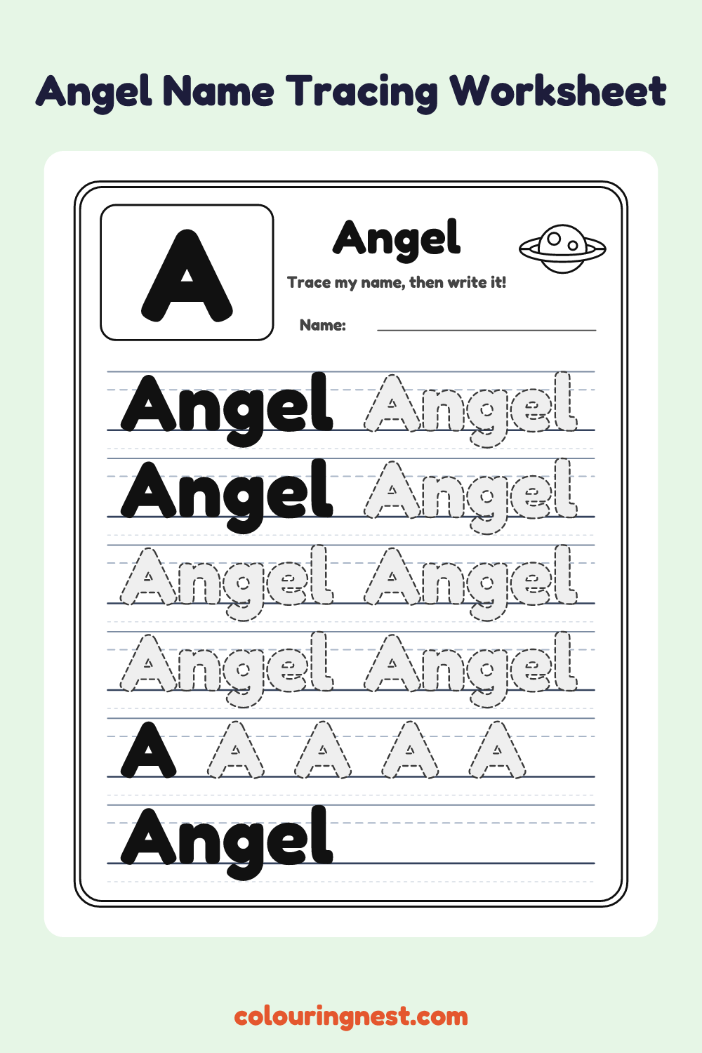 Angel Name Tracing Worksheet: free printable black-and-white line art