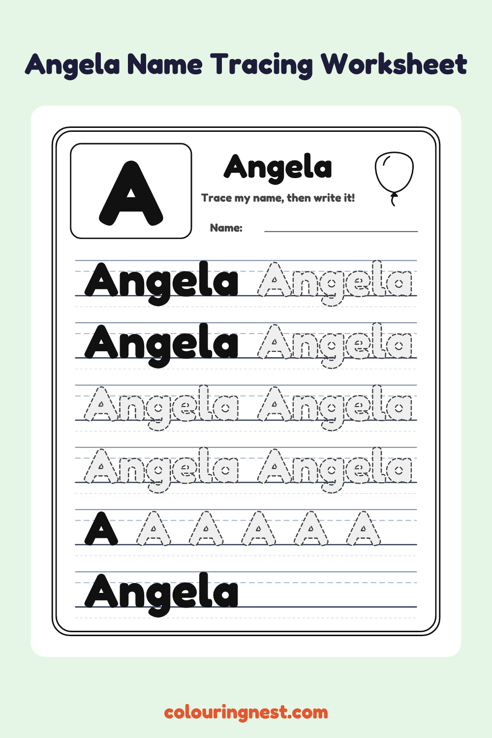 Angela Name Tracing Worksheet: free printable black-and-white line art