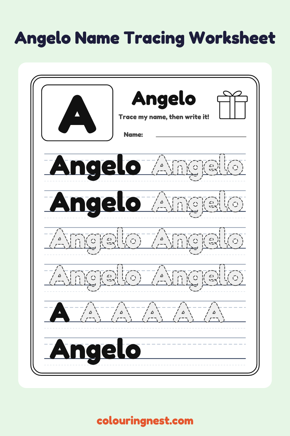 Angelo Name Tracing Worksheet: free printable black-and-white line art