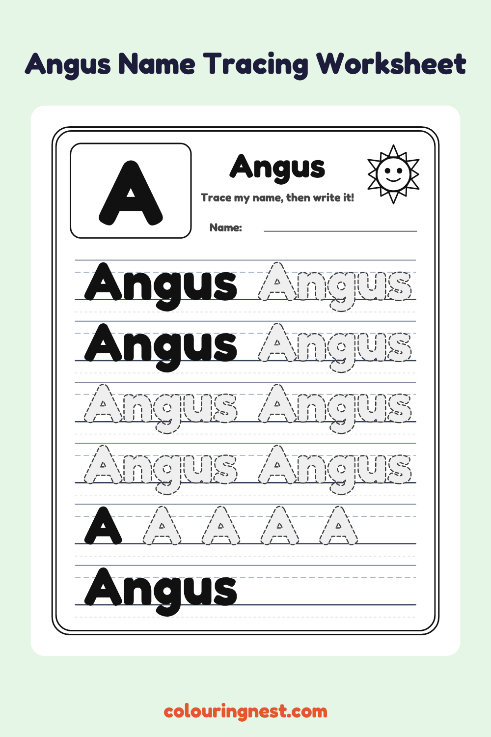 Angus Name Tracing Worksheet: free printable black-and-white line art