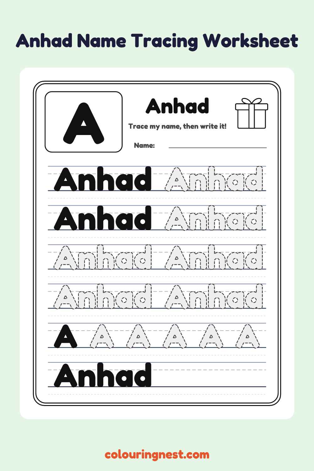 Anhad Name Tracing Worksheet: free printable black-and-white line art