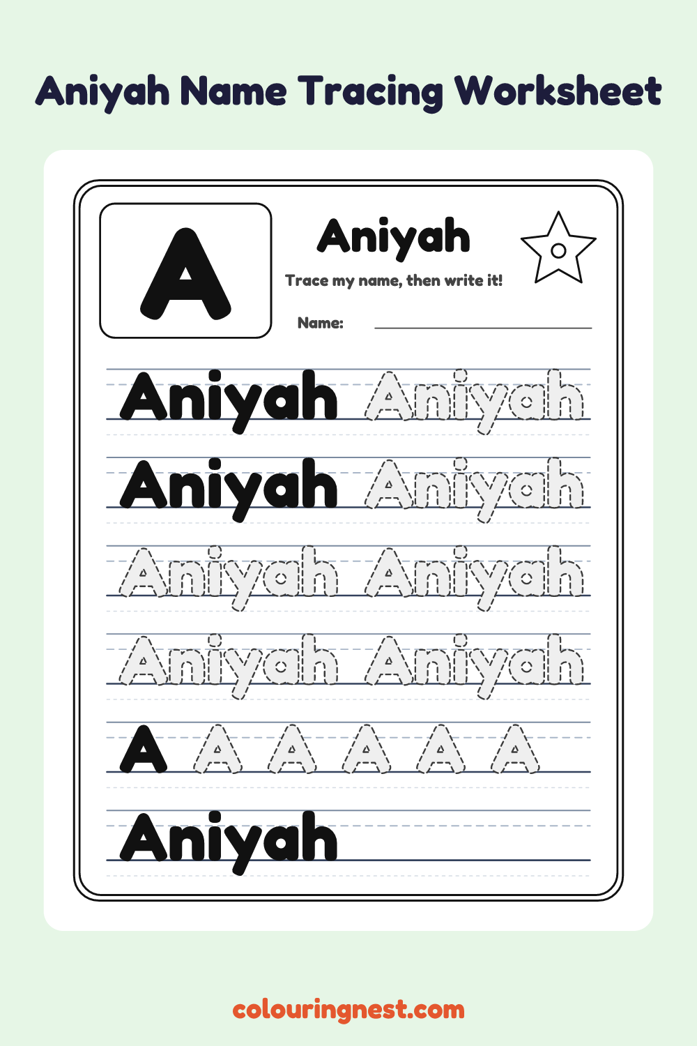 Aniyah Name Tracing Worksheet: free printable black-and-white line art