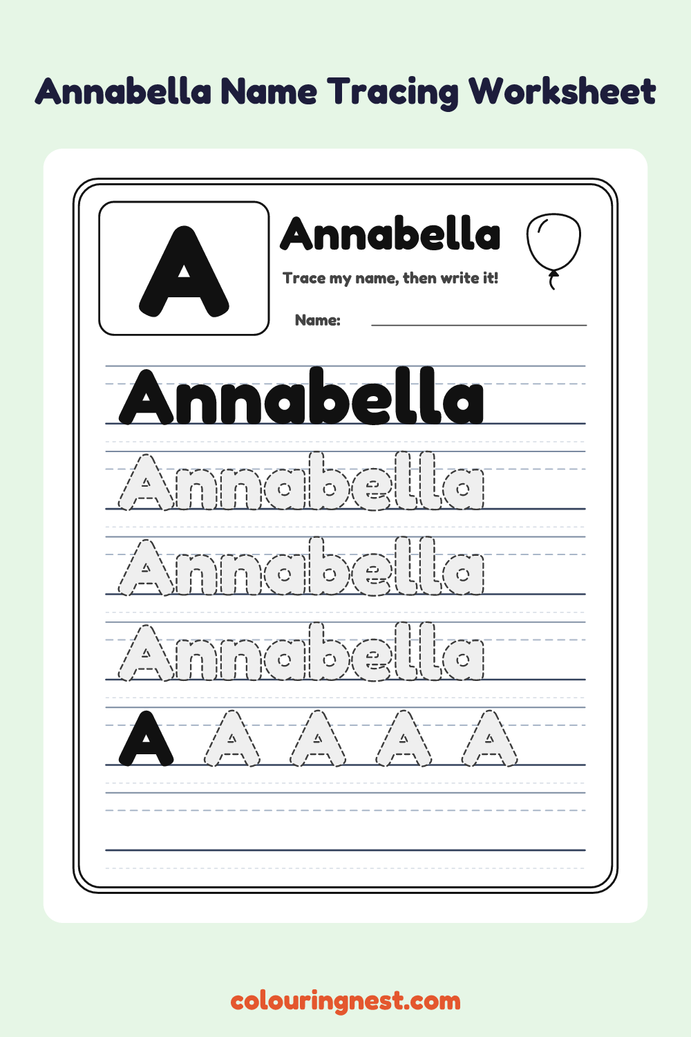 Annabella Name Tracing Worksheet: free printable black-and-white line art