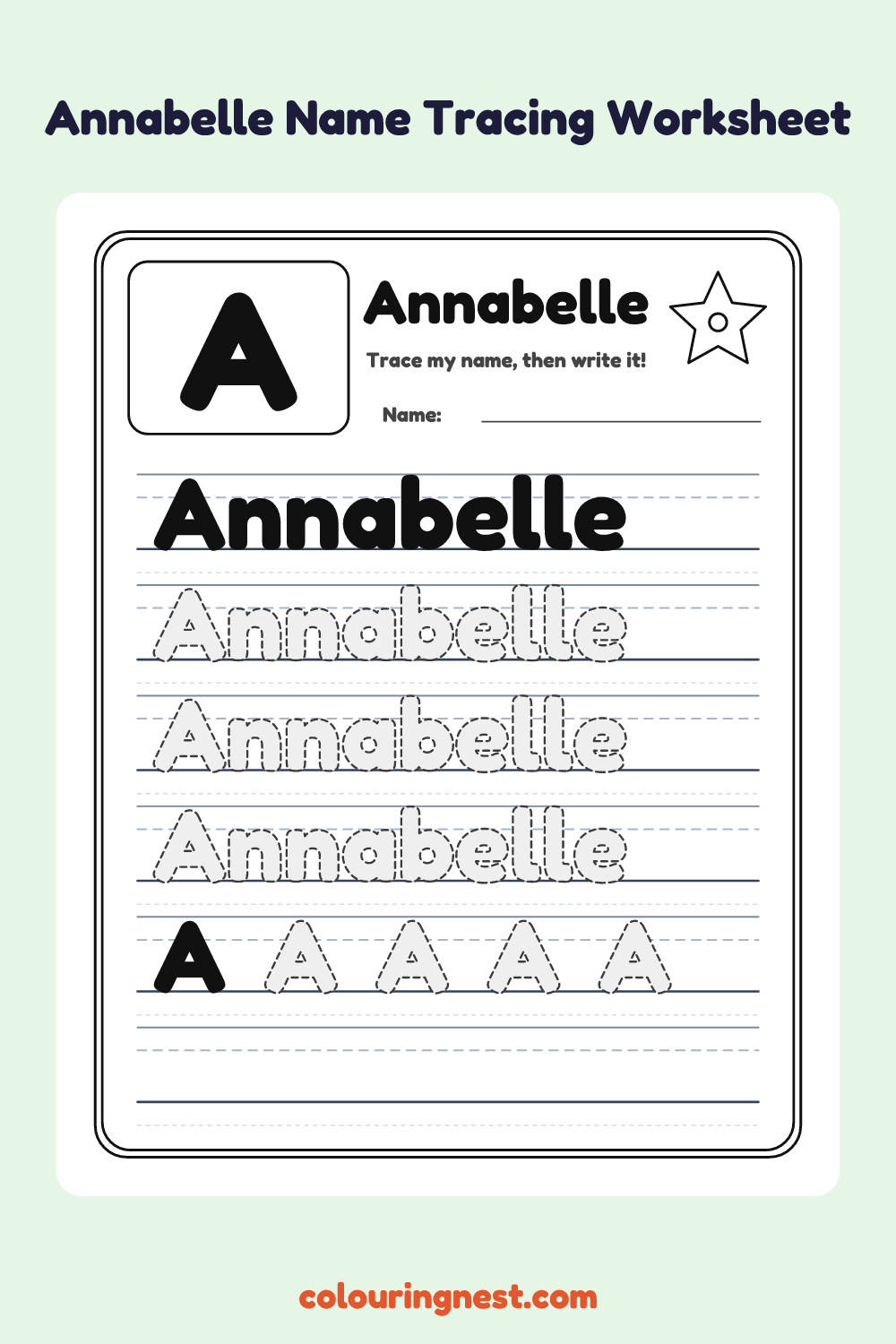 Annabelle Name Tracing Worksheet: free printable black-and-white line art