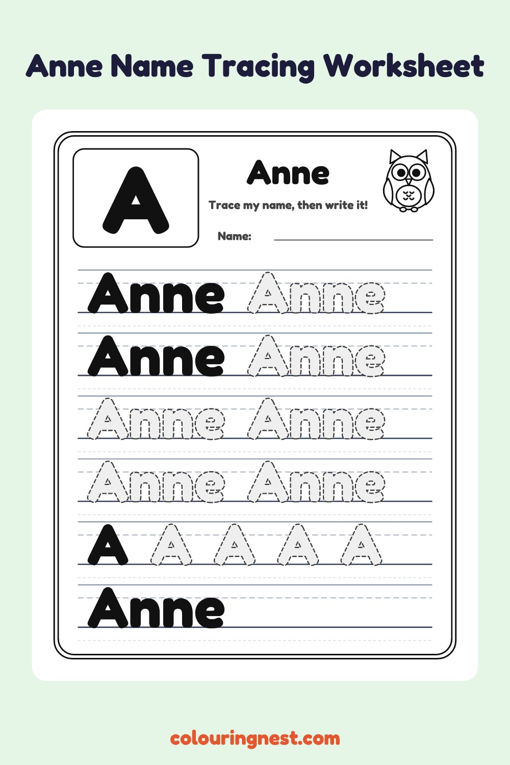 Anne Name Tracing Worksheet: free printable black-and-white line art