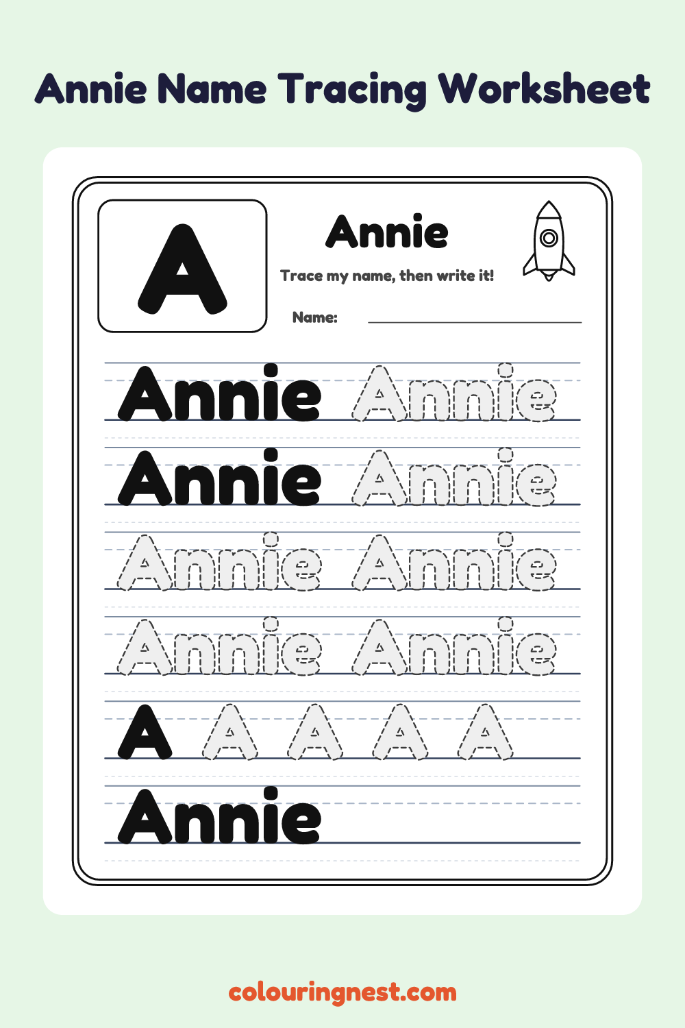 Annie Name Tracing Worksheet: free printable black-and-white line art