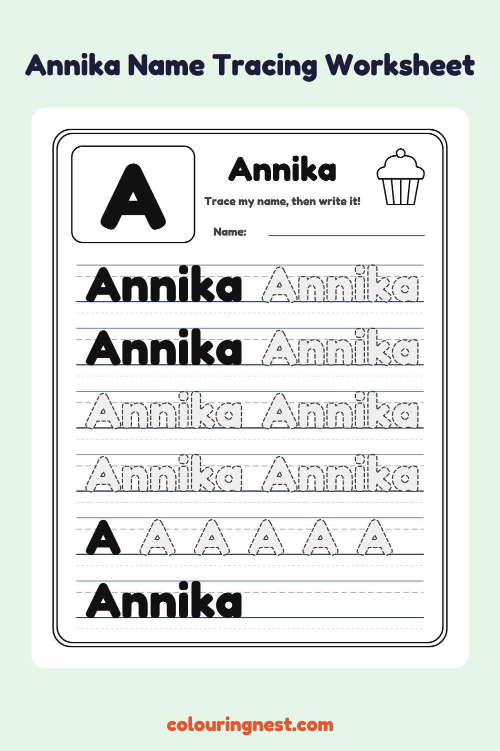 Annika Name Tracing Worksheet: free printable black-and-white line art